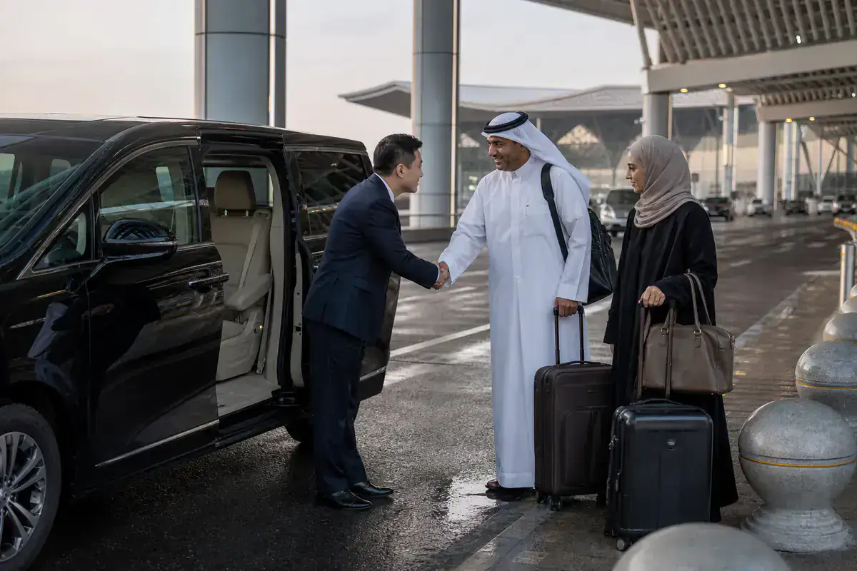 UAE travelers meeting an executive MPV at a modern China airport
