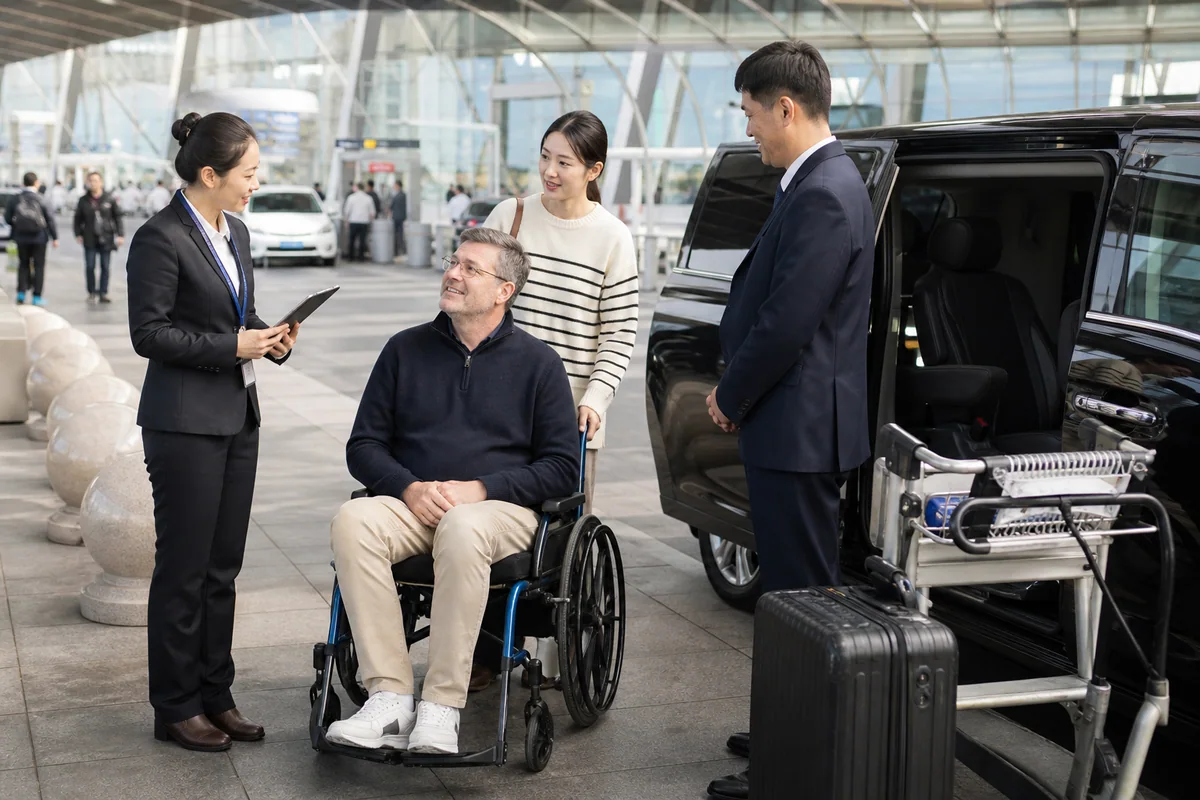 Airport assistance team coordinating a private vehicle handoff for a wheelchair user in China