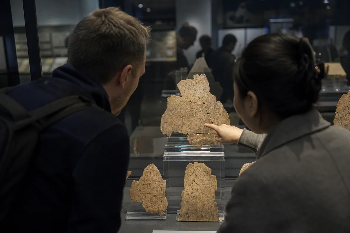 Traveler studying oracle bone fragments with a museum guide in Anyang