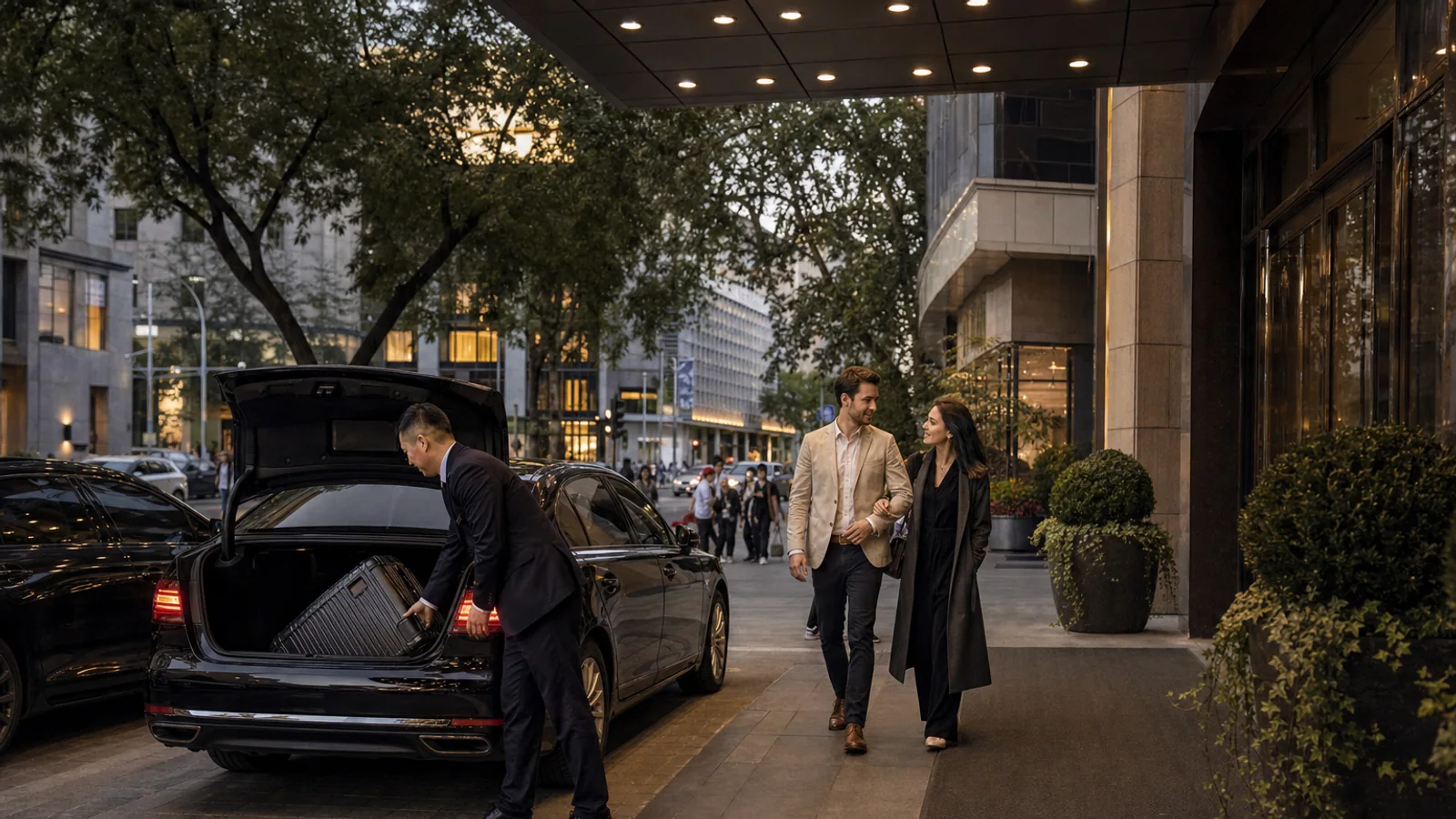 International couple arriving by private chauffeur at a central Beijing hotel