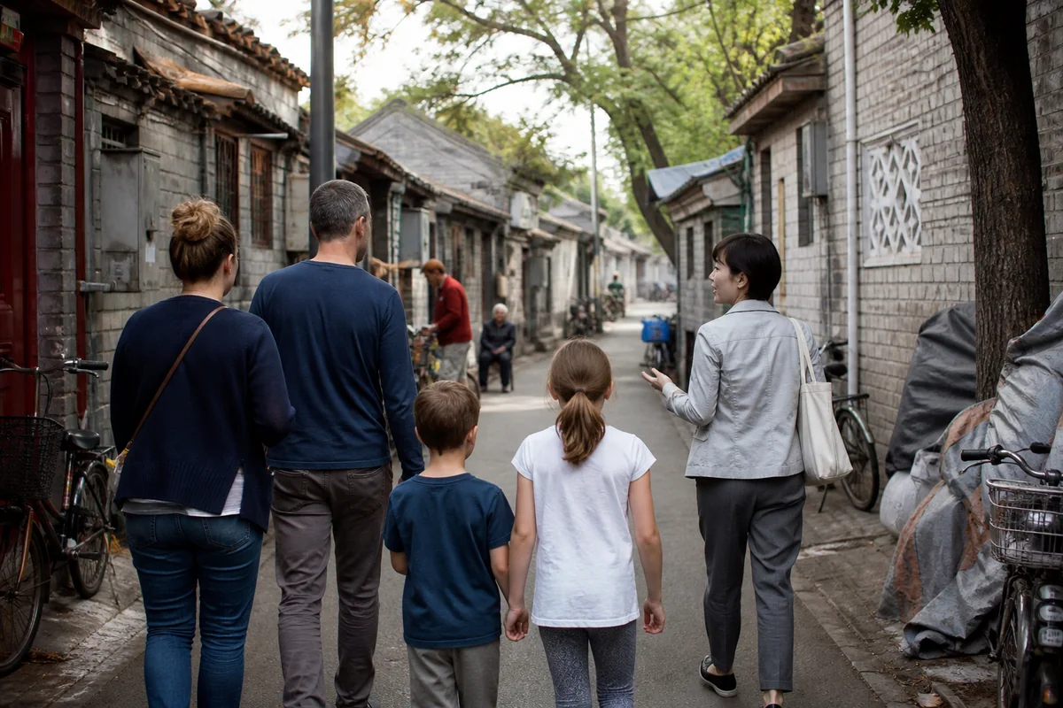 International family walking through a central Beijing hutong with a private guide
