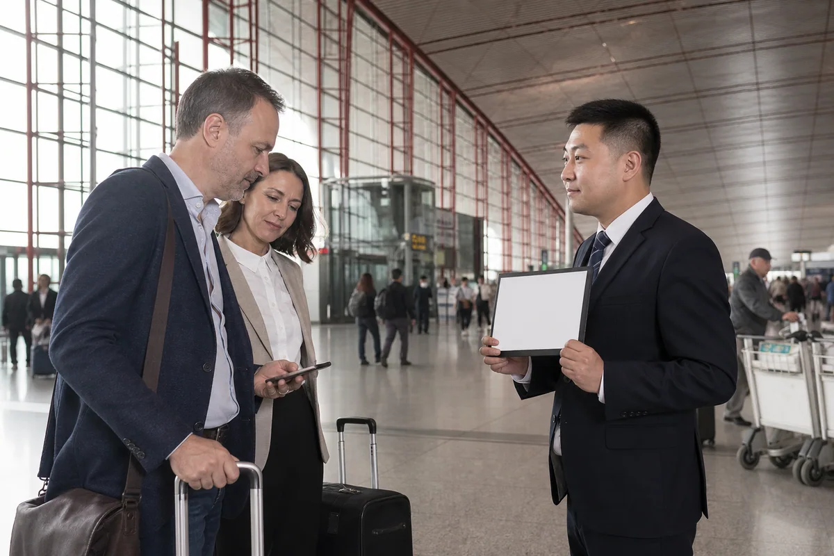 International travelers meeting a private chauffeur inside Beijing Capital Airport Terminal 3