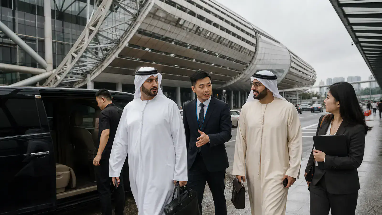 UAE business buyers arriving at the Canton Fair complex with a coordinator and executive MPV