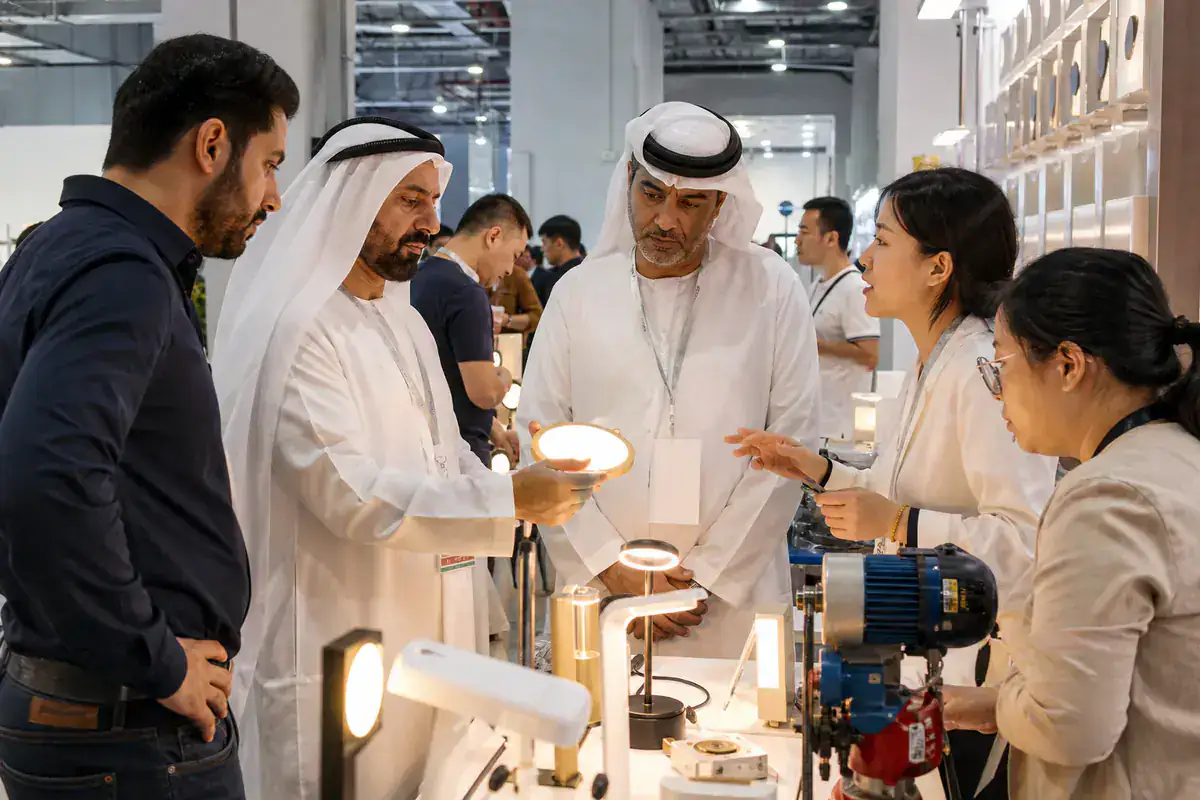 UAE buyers reviewing unbranded products with exhibitors inside a trade fair hall