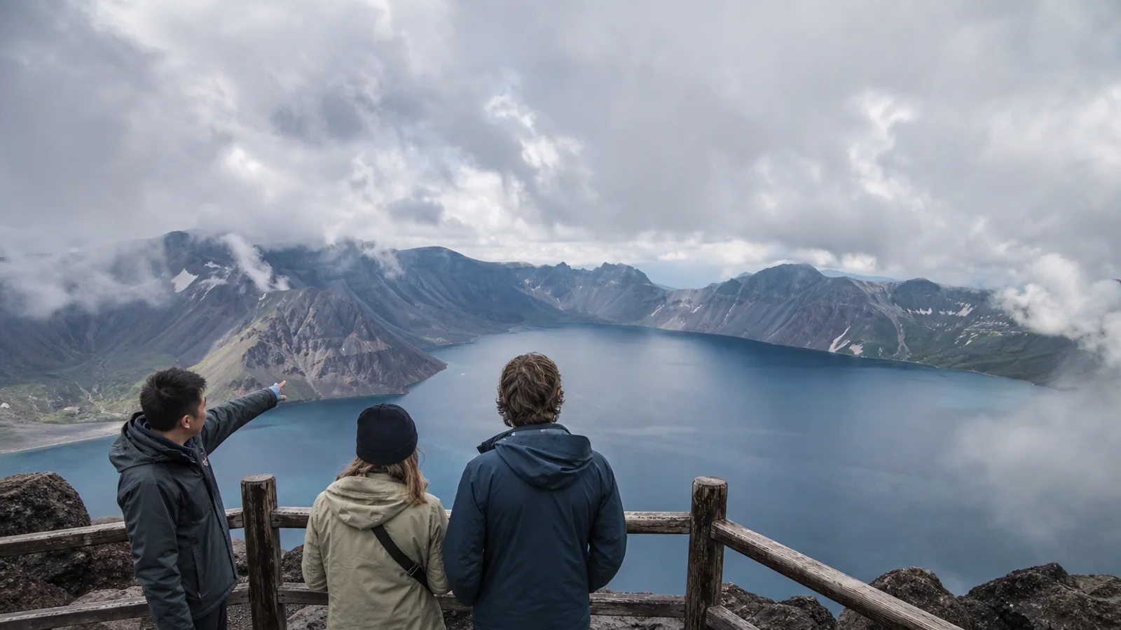 Travelers viewing Tianchi crater lake from an official Changbai Mountain viewpoint