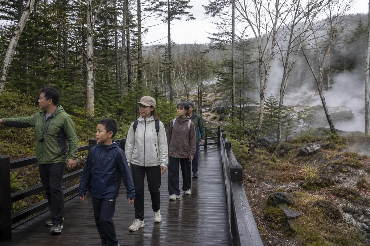 Family and guide walking through forest near Changbai Mountain geothermal scenery