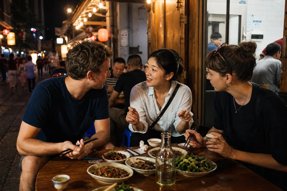 International travelers sharing Hunan dishes with a local guide in Changsha