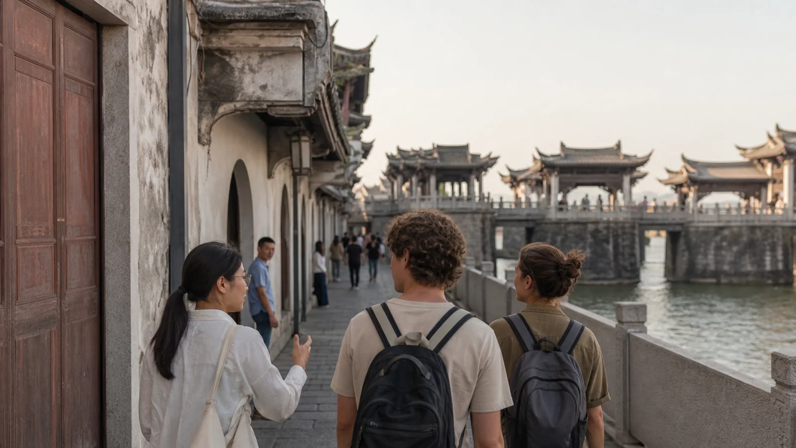 International travelers walking toward Guangji Bridge in Chaozhou with a local guide