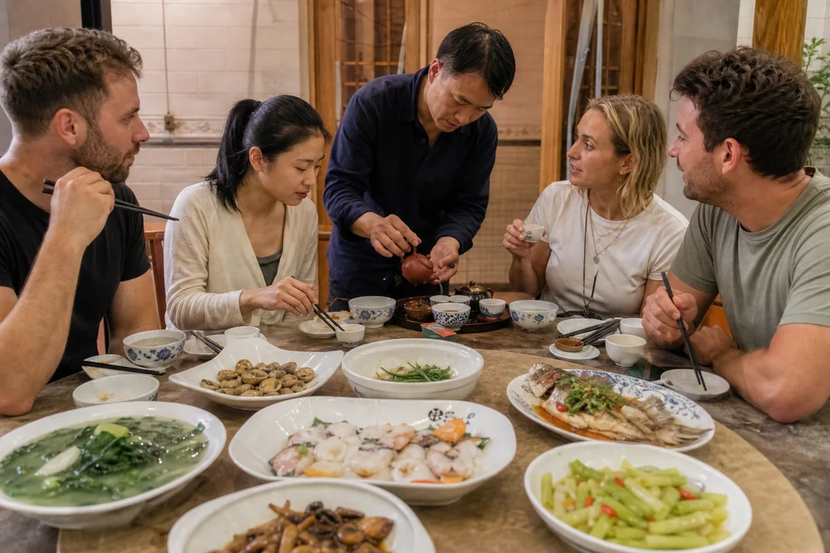 International travelers sharing a Chaoshan dinner and gongfu tea with a local host