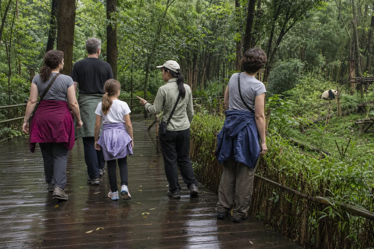 A family and local guide walking through the wet forest at Dujiangyan Panda Valley