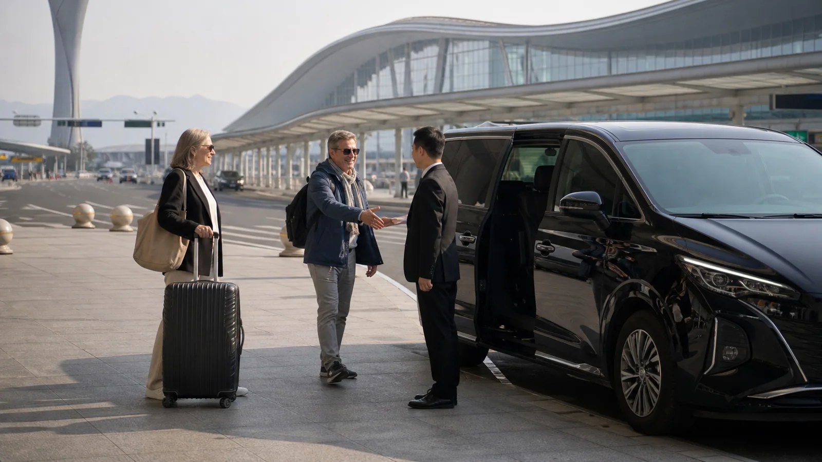 International travelers meeting a private chauffeur outside Chengdu Tianfu International Airport