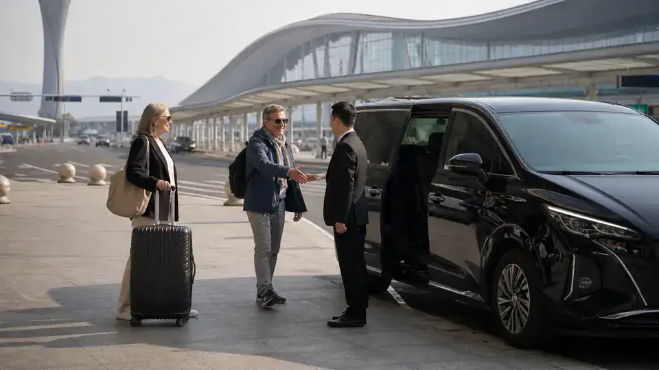 International travelers meeting a private chauffeur outside Chengdu Tianfu International Airport