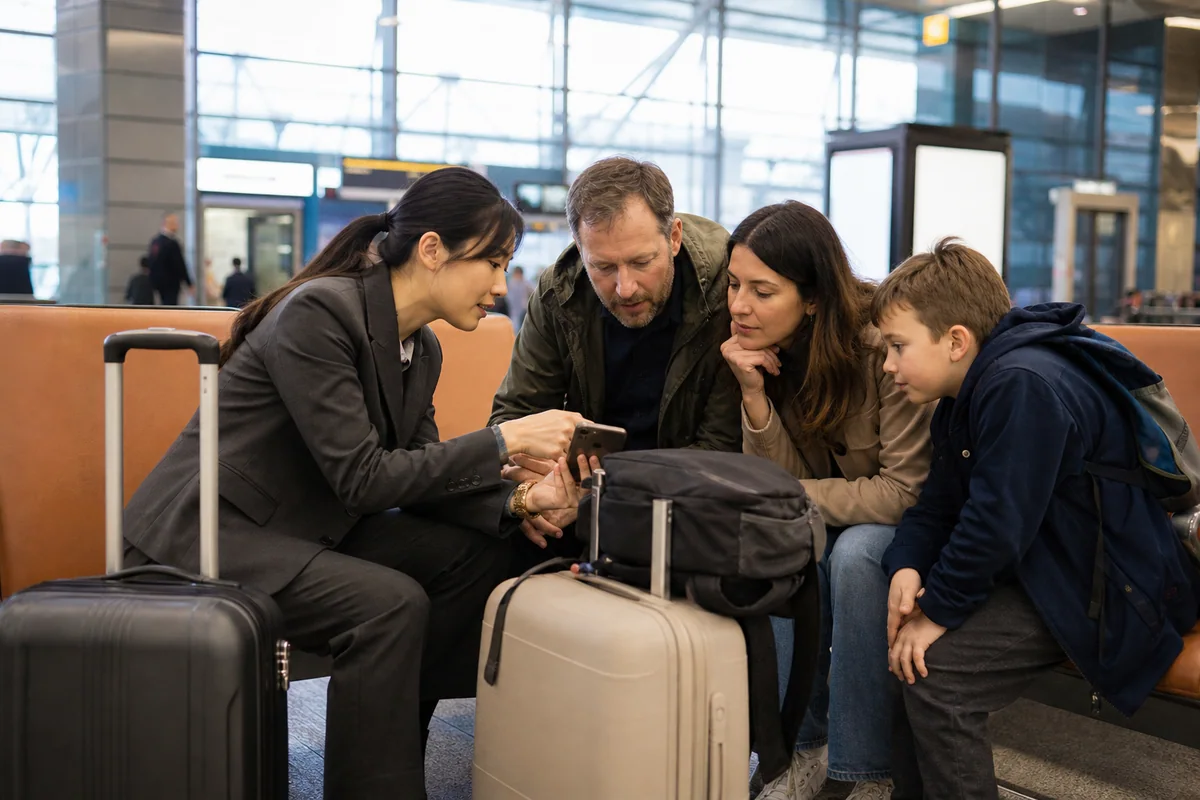 Family checking the route between Chengdu airports and their city hotel