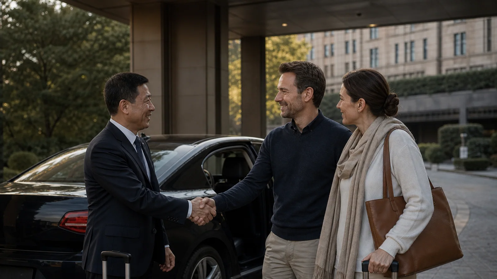 International couple thanking their private chauffeur outside a Beijing hotel