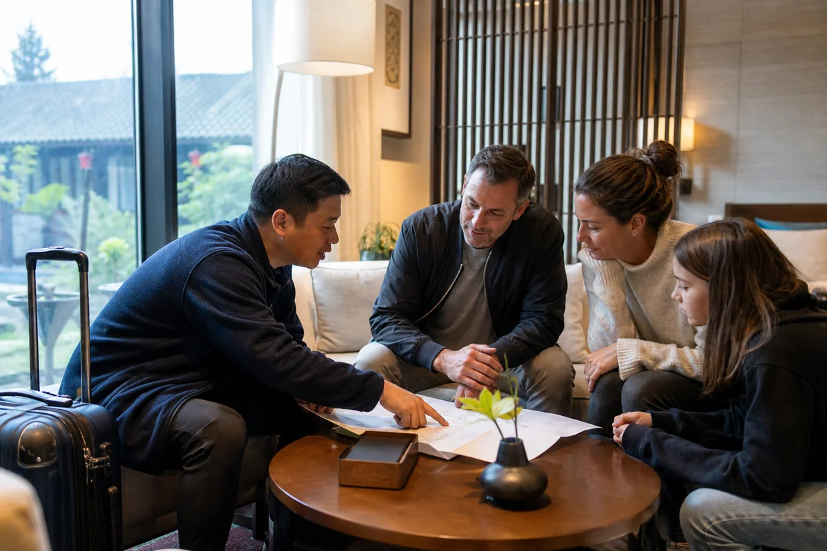 Private guide reviewing a completed China itinerary with an international family