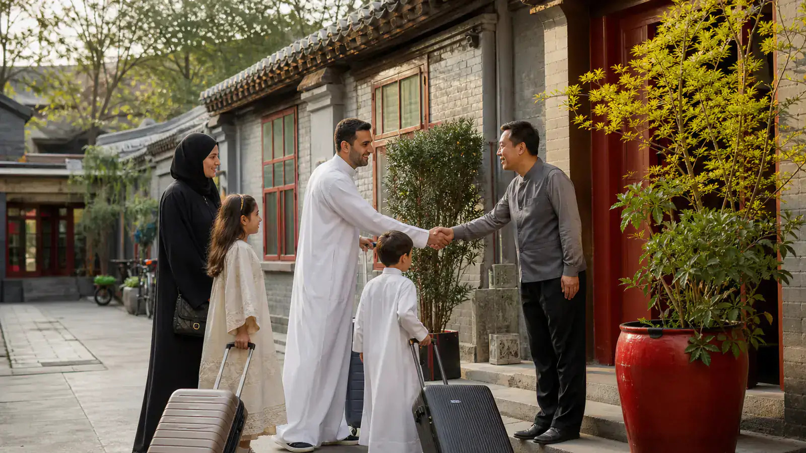 Gulf family arriving at a Beijing courtyard hotel for an Eid holiday
