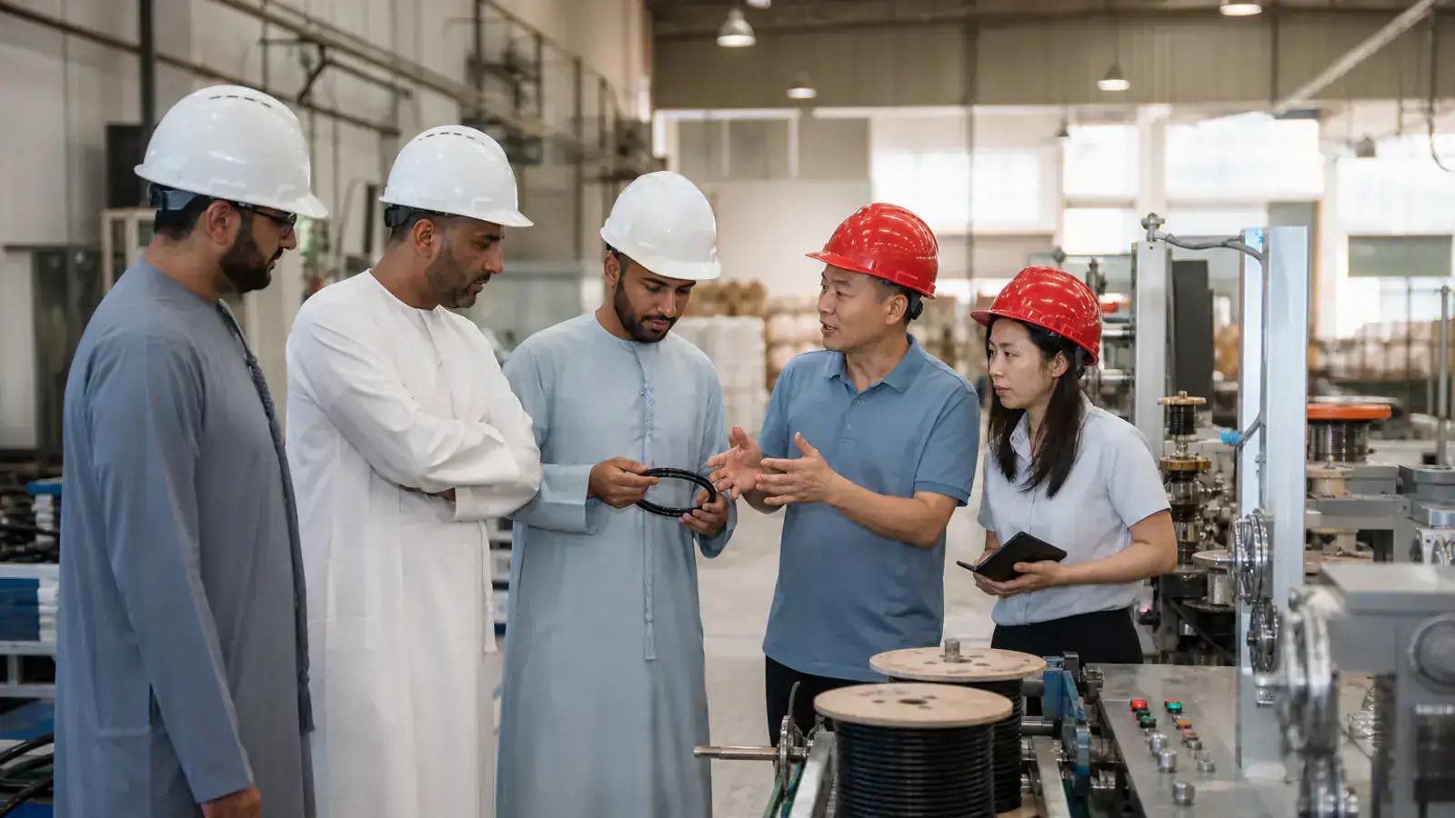 UAE importers inspecting a Guangdong production line with factory managers