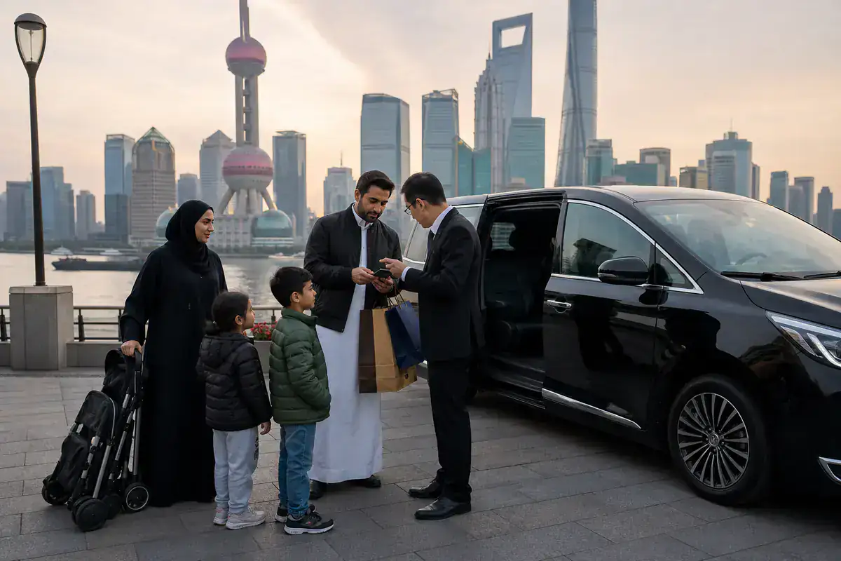 Gulf family meeting an executive MPV and coordinator on the Shanghai riverfront