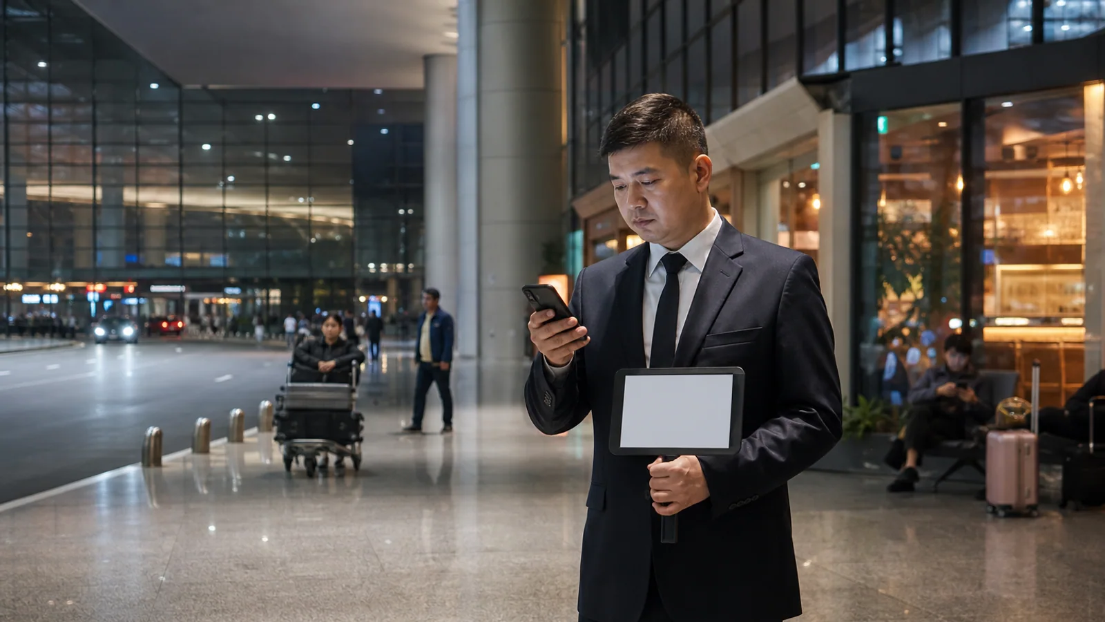 Private chauffeur monitoring a delayed flight inside a Chinese airport arrivals hall