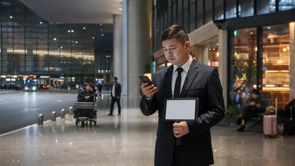 Private chauffeur monitoring a delayed flight inside a Chinese airport arrivals hall