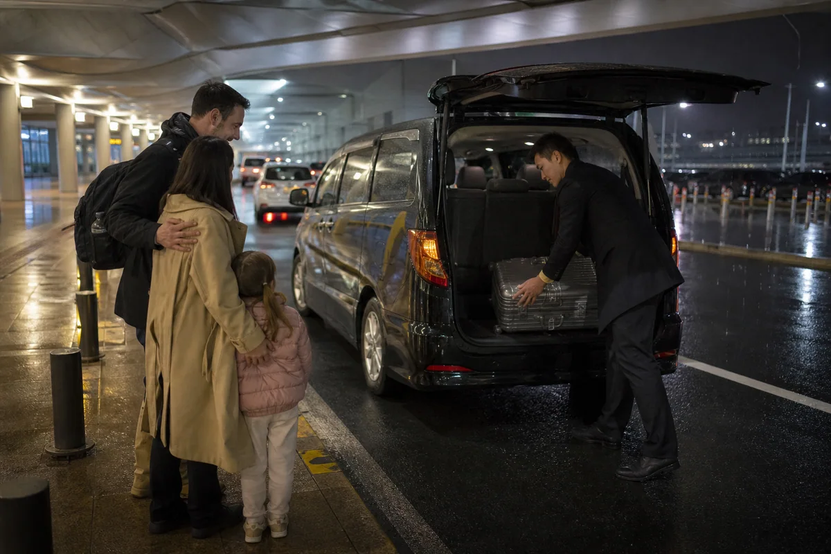 Family meeting a private chauffeur after a late rainy airport arrival in China