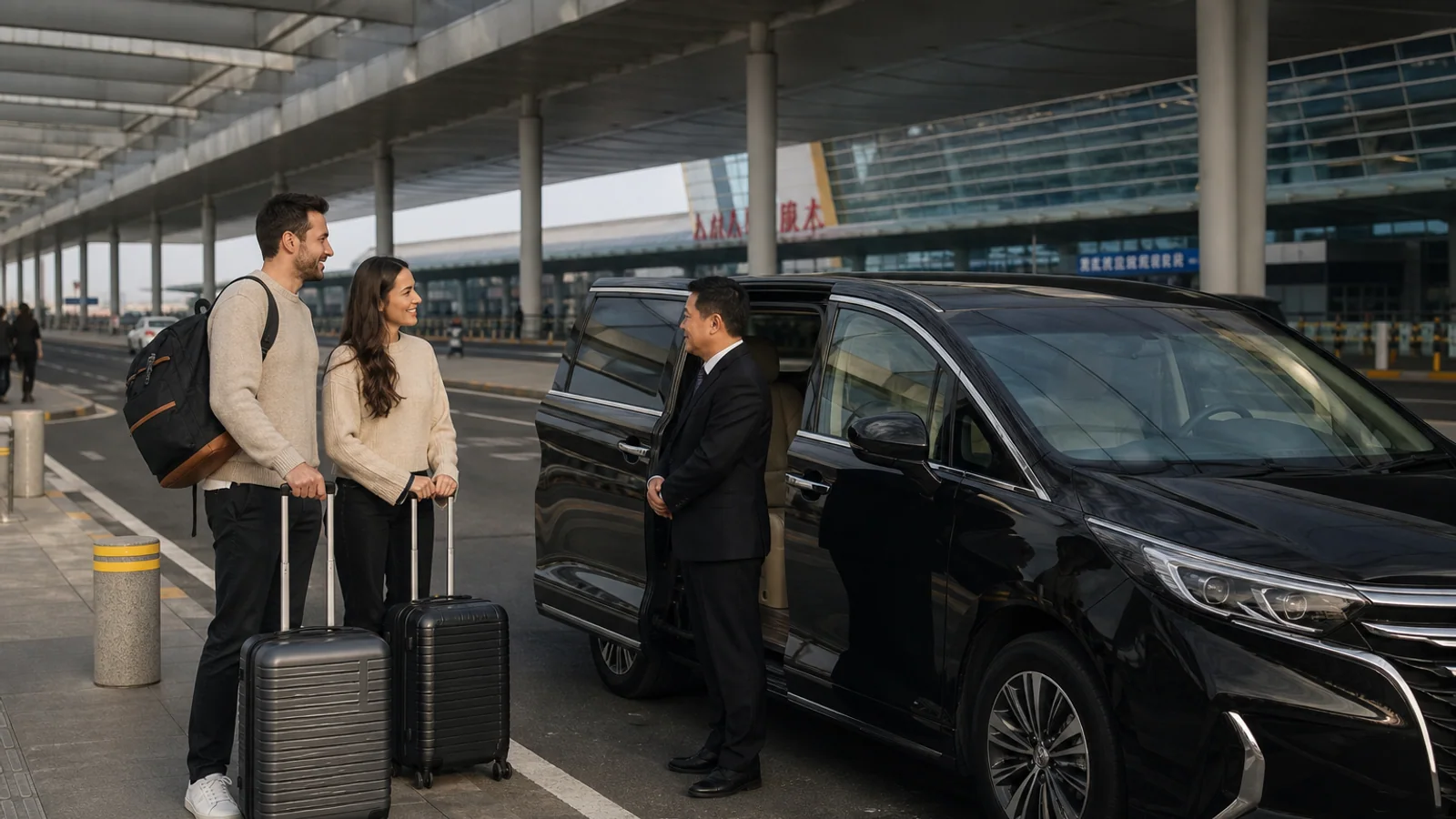 International travelers meeting a private chauffeur outside a Chinese high speed railway station