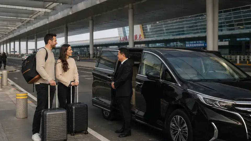 International travelers meeting a private chauffeur outside a Chinese high speed railway station