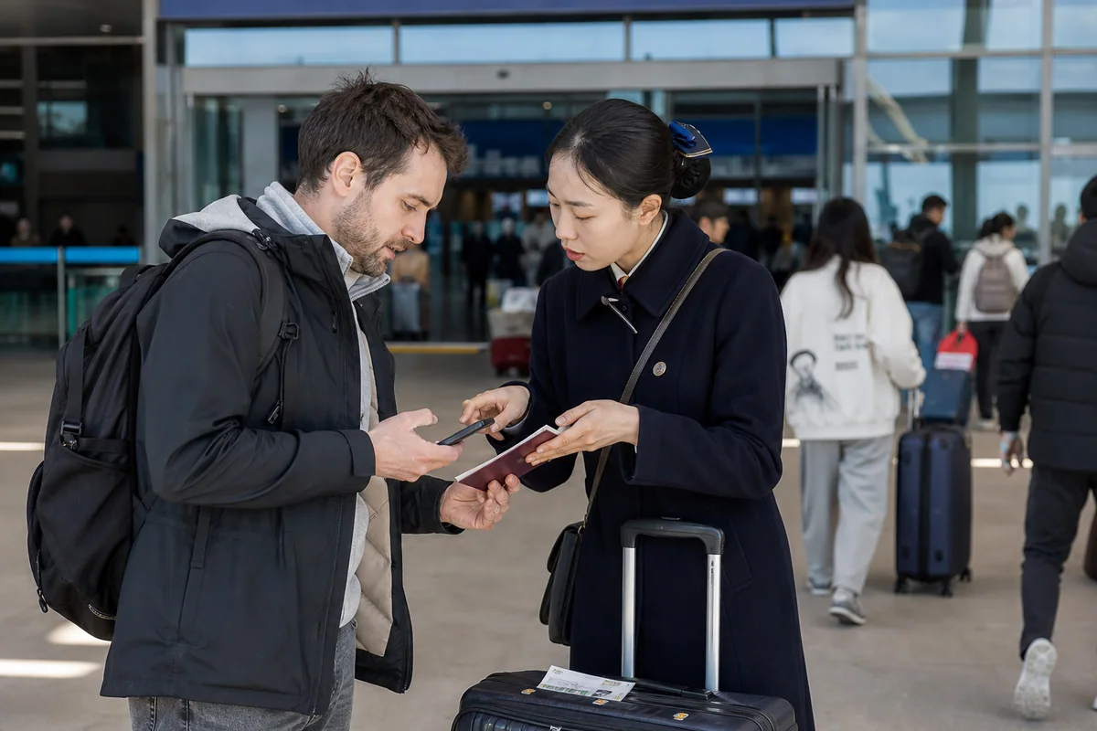 Traveler checking passport and train details with a coordinator before station entry in China