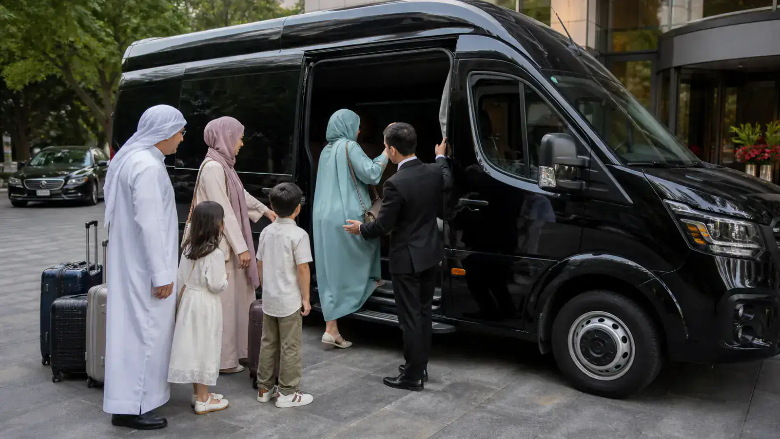 Large Gulf family boarding a VIP high roof van outside a Beijing hotel