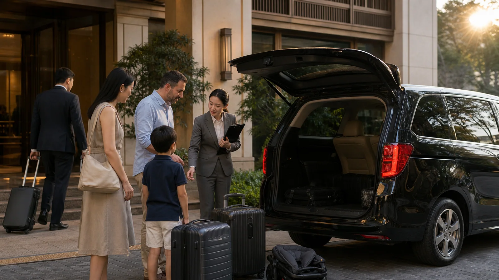 Travel planner and family comparing luggage with a premium MPV outside a China hotel