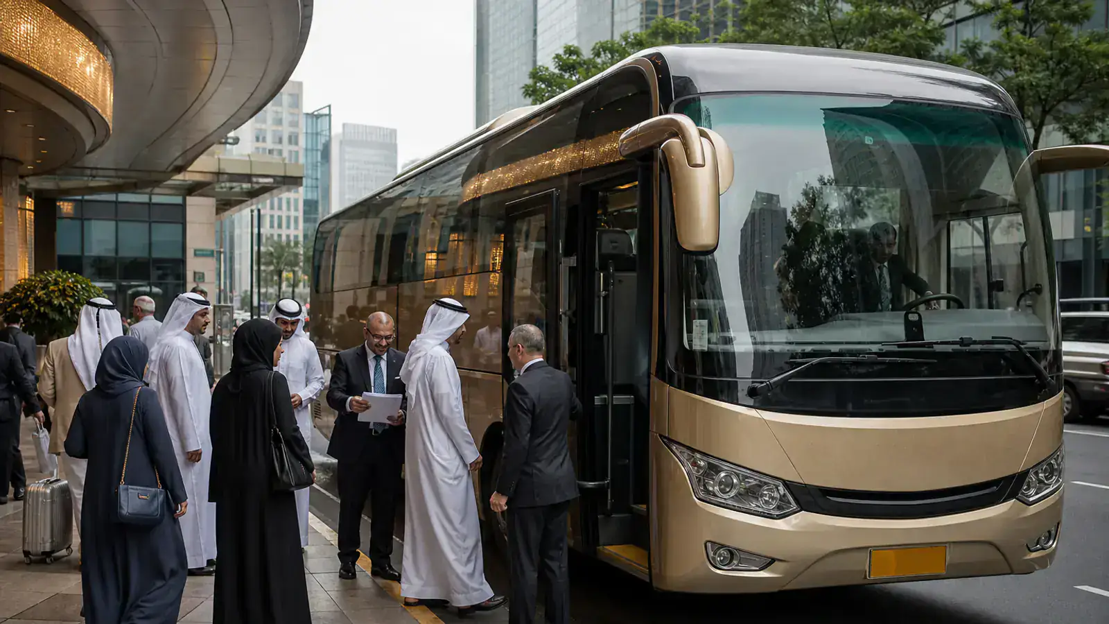 Gulf delegation boarding a luxury coach outside a Shanghai hotel