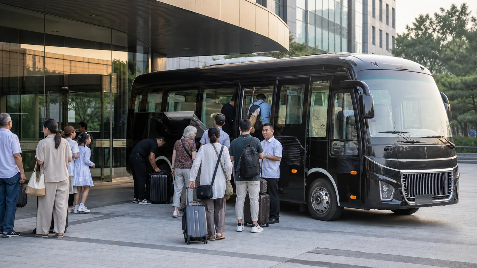 International private group boarding a black premium 17 seat mini coach at a hotel in China