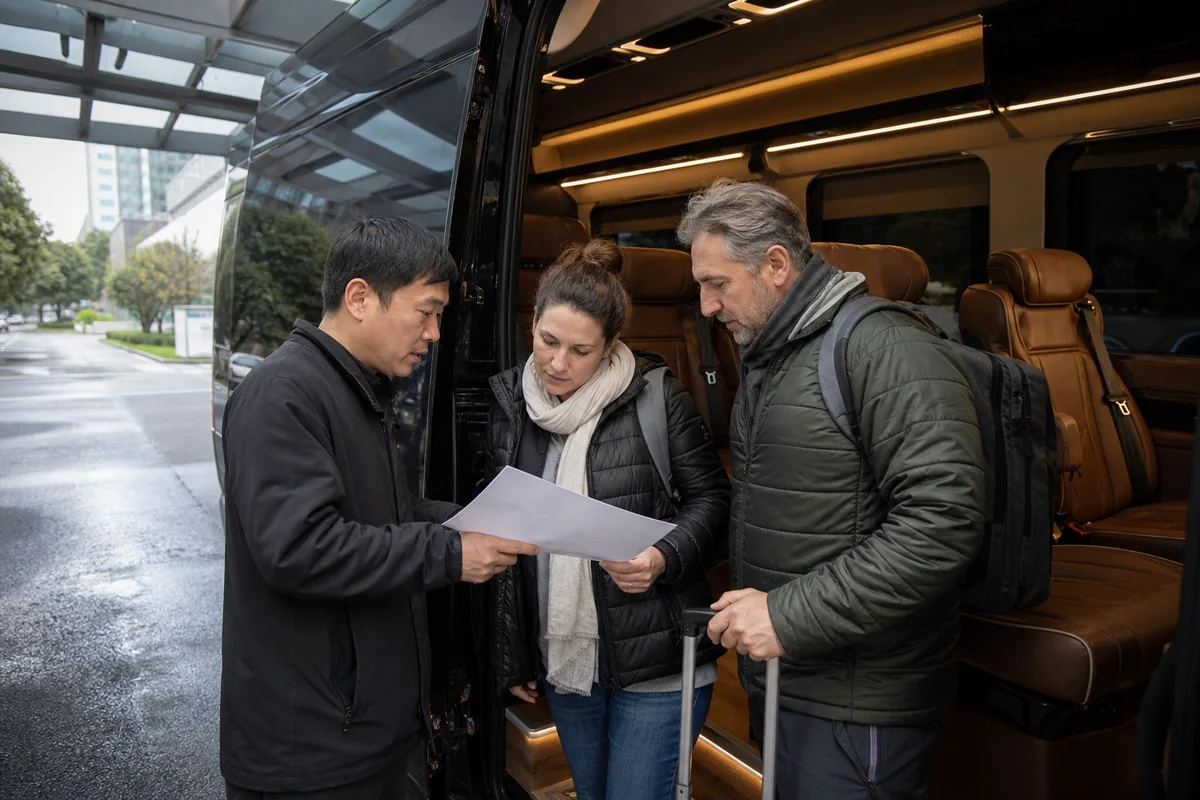 Group coordinator reviewing a passenger plan beside the doorway of a high roof VIP van