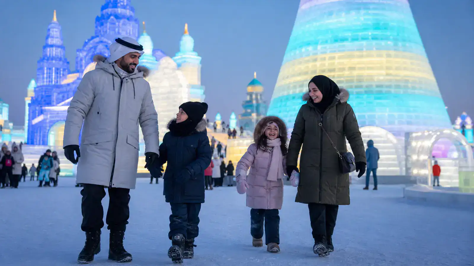 Gulf family visiting Harbin Ice and Snow World in heavy winter clothing