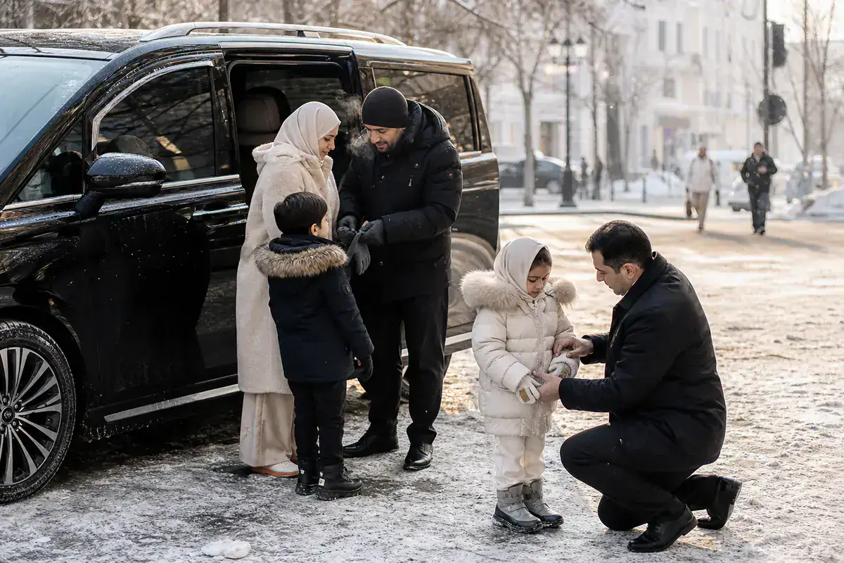 Gulf family warming up beside a private MPV on a snowy Harbin street