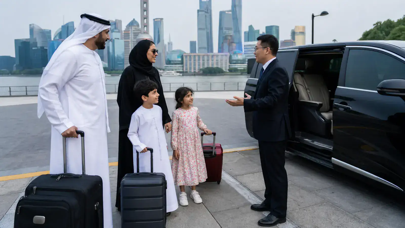 UAE family meeting a private travel coordinator beside an executive MPV on the Shanghai riverfront