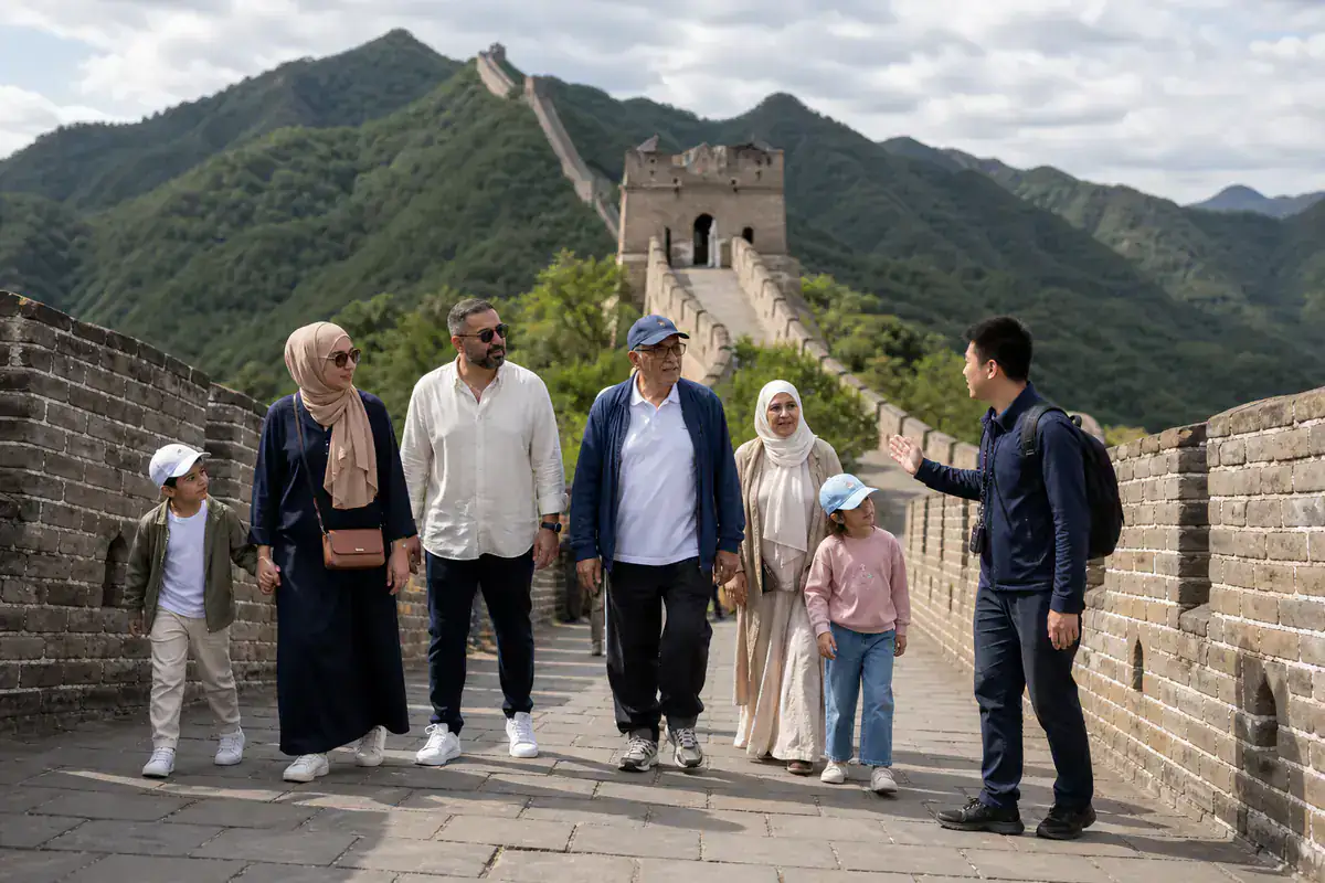 Multigenerational Gulf family exploring the Great Wall with a private guide