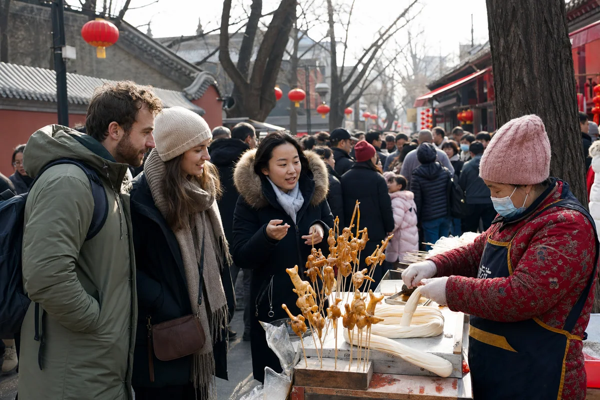 International travelers visiting a Beijing neighborhood temple fair with a private guide