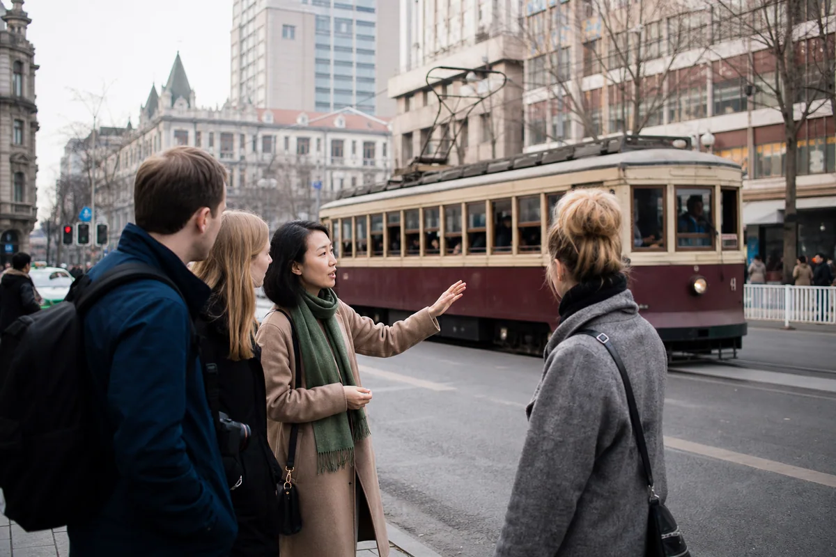 International travelers learning about a vintage tram with a local guide in central Dalian