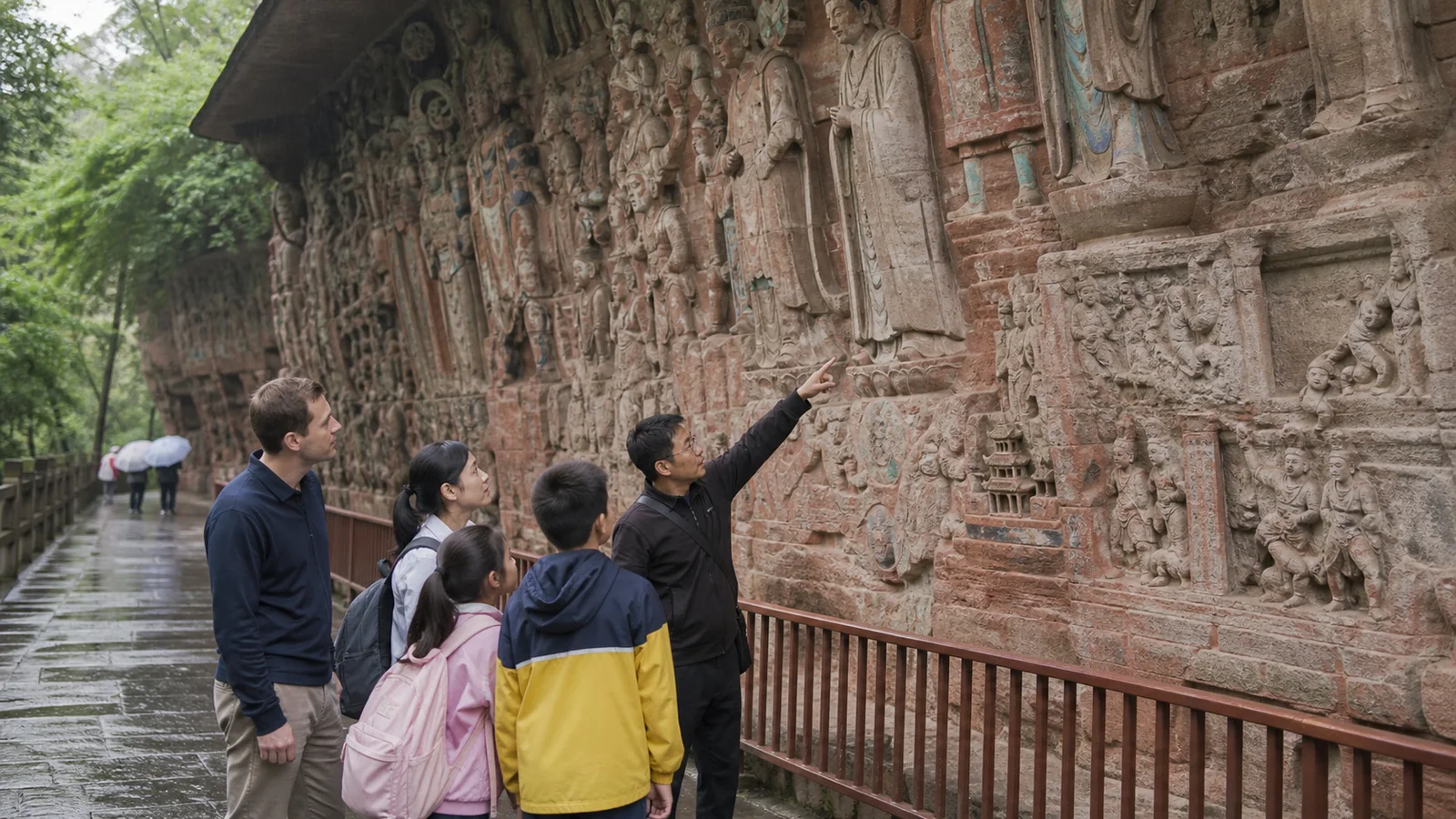 A local guide explaining the Baodingshan carvings to a family at Dazu