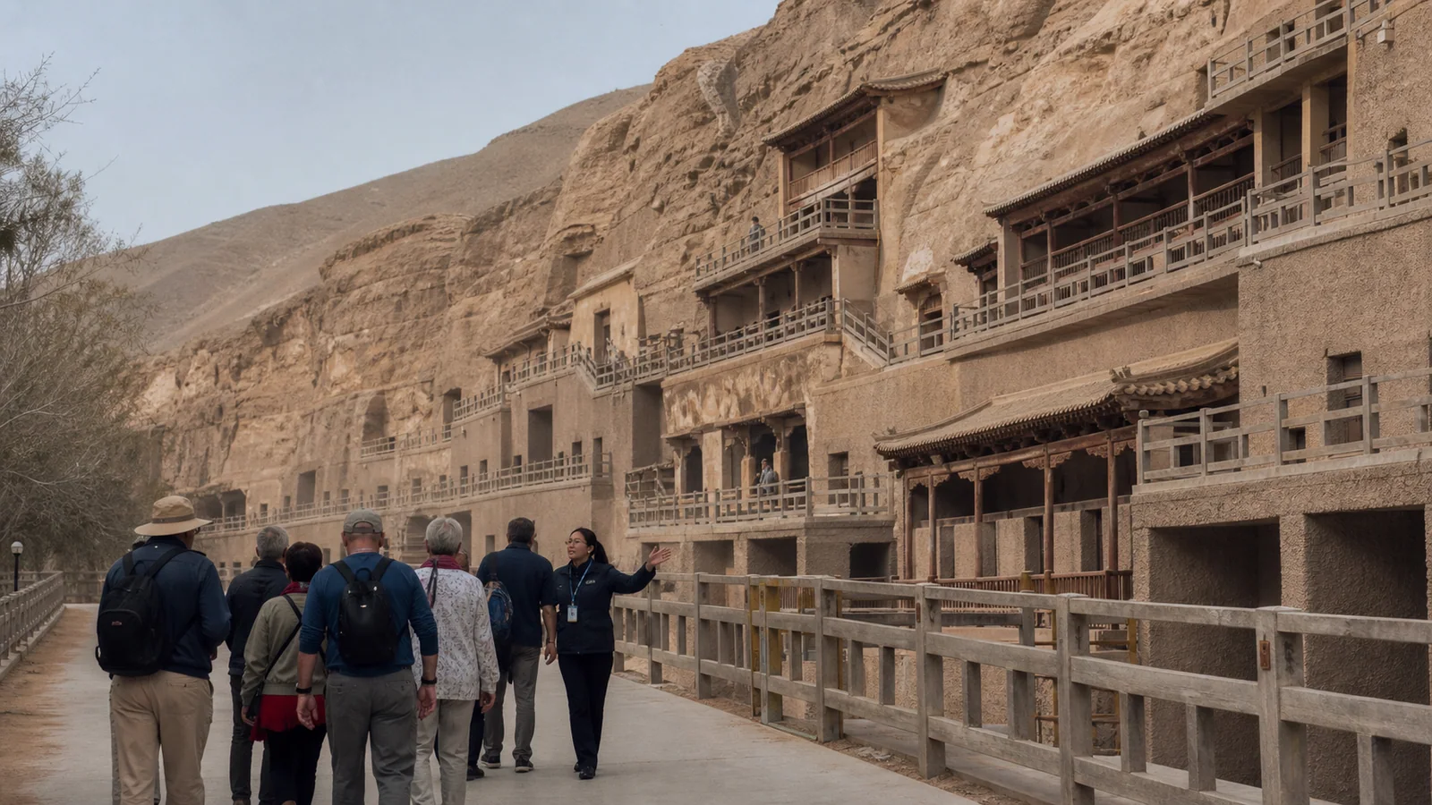 Travelers arriving at the Mogao Caves during a private journey through China