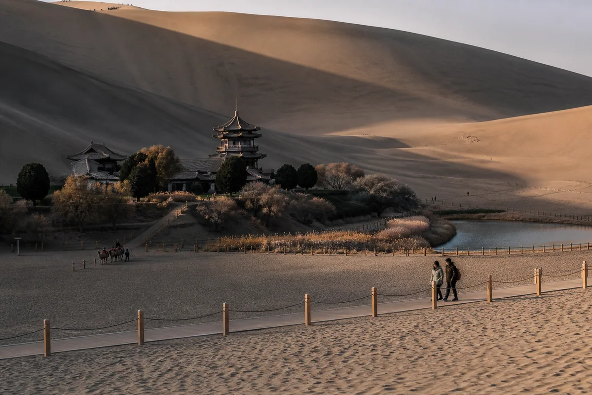 Crescent Moon Spring below the dunes of Mingsha Mountain at dawn