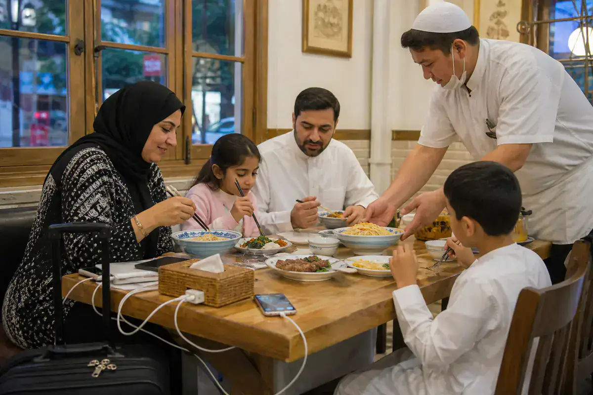 Gulf family eating a simple first halal dinner near a Shanghai hotel