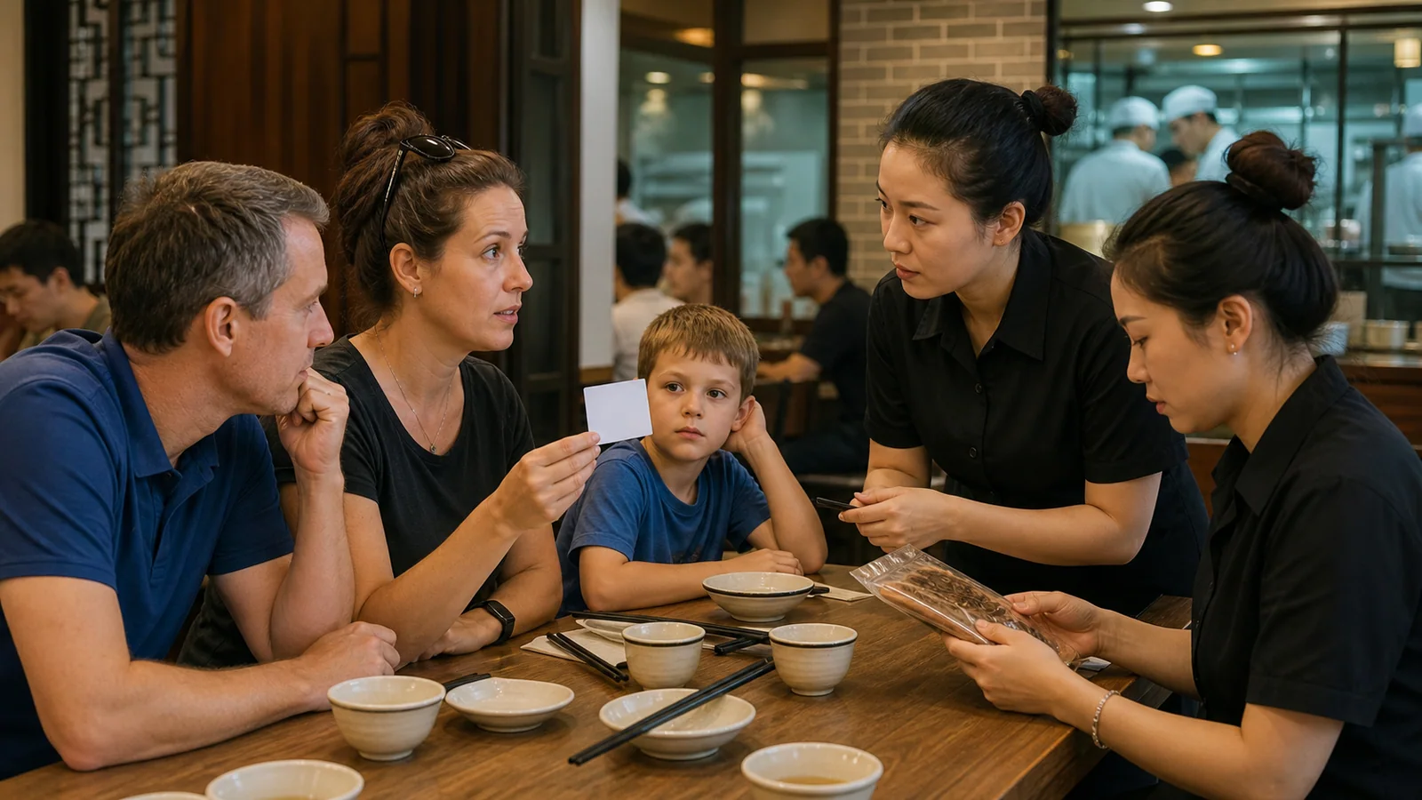 International family discussing a food allergy card with restaurant staff in China