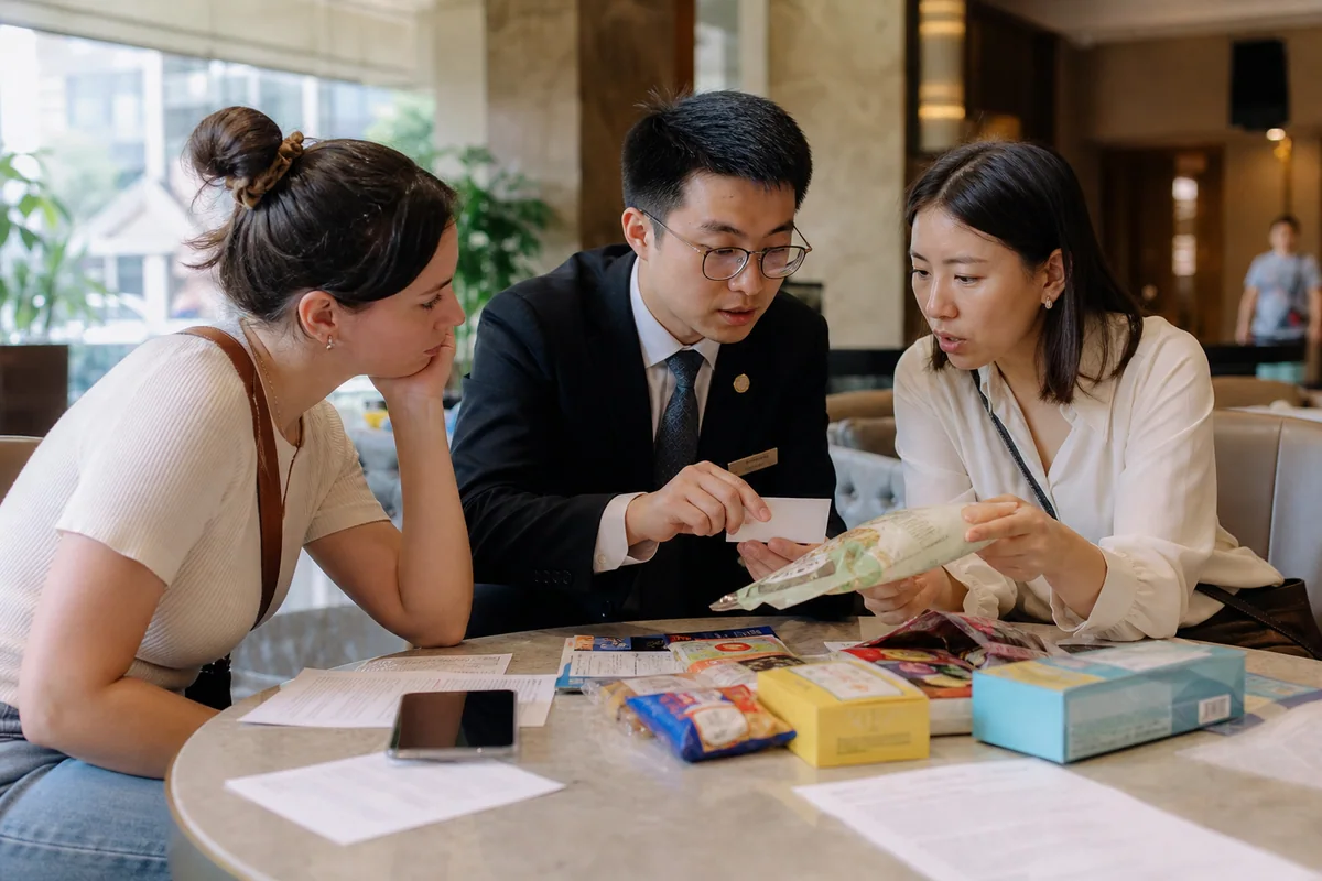 Hotel concierge and private guide reviewing food allergy cards and packaged snacks with a traveler