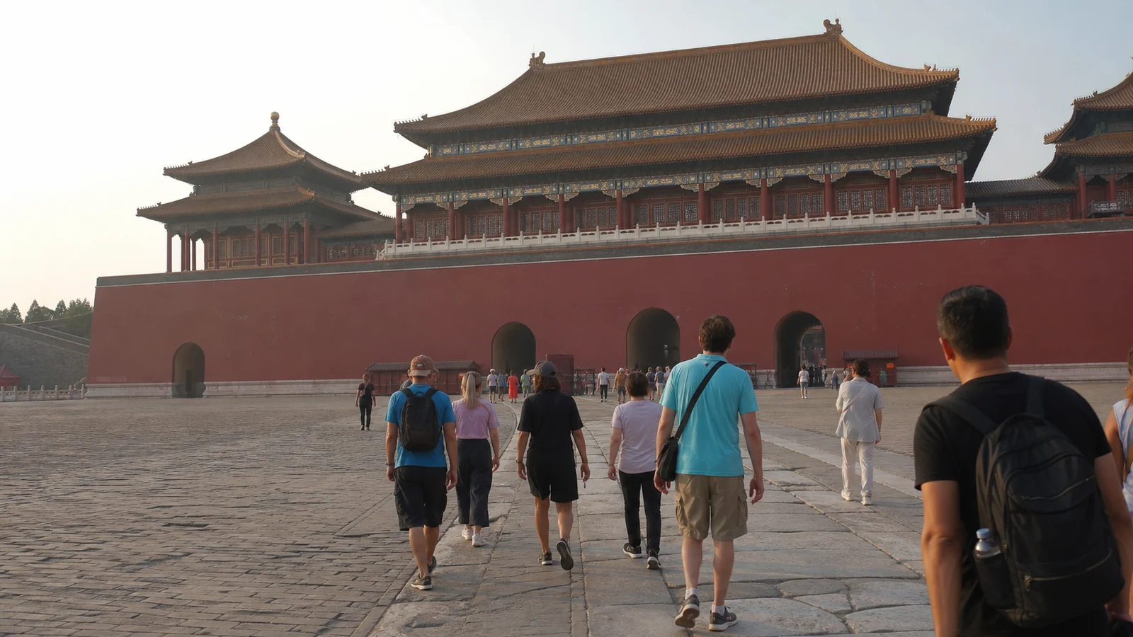 Visitors approaching the Forbidden City in Beijing early in the morning