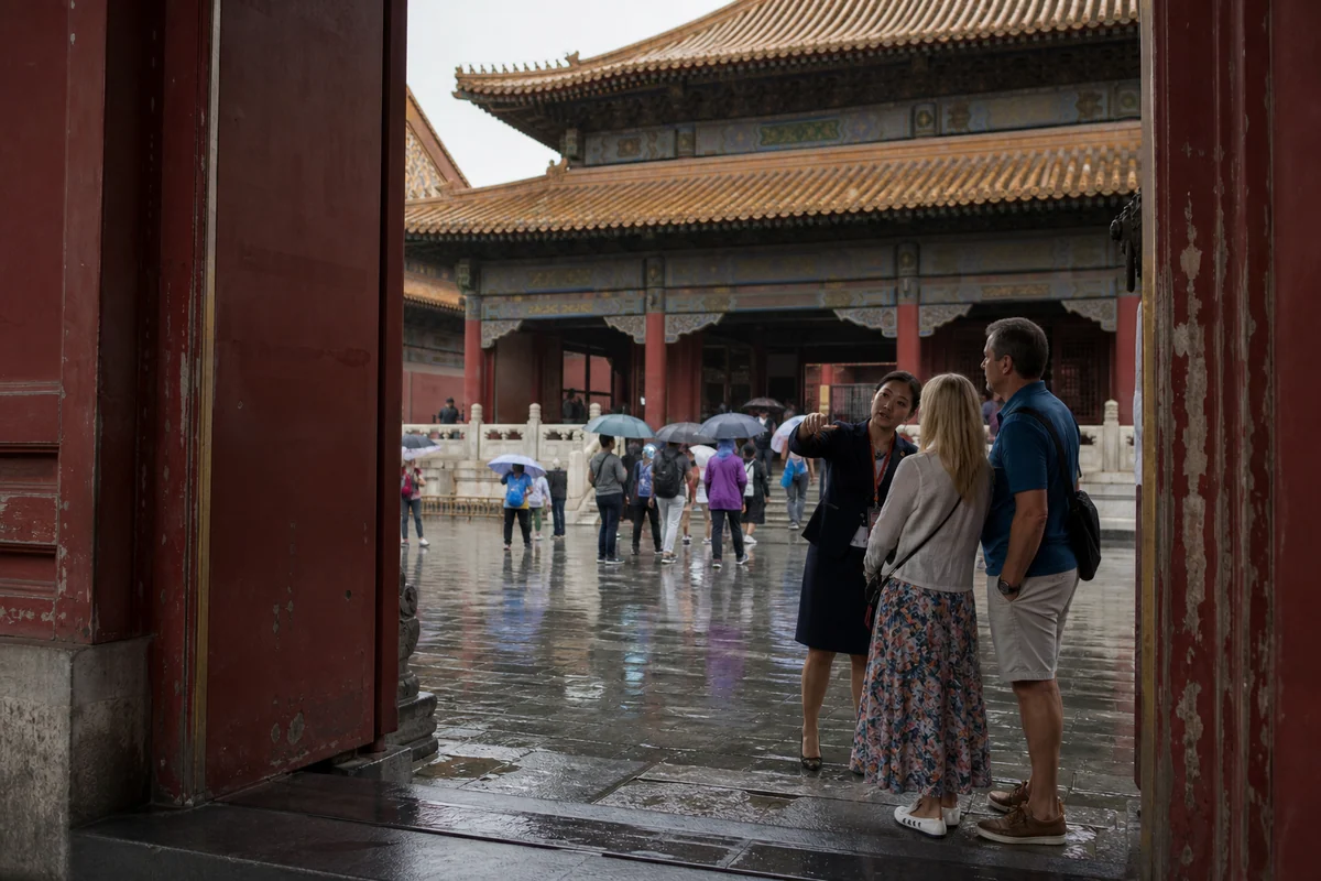 A local guide explaining palace architecture to visitors inside the Forbidden City after rain