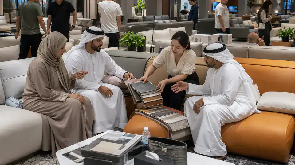 UAE furniture buyers comparing upholstery in a Lecong showroom