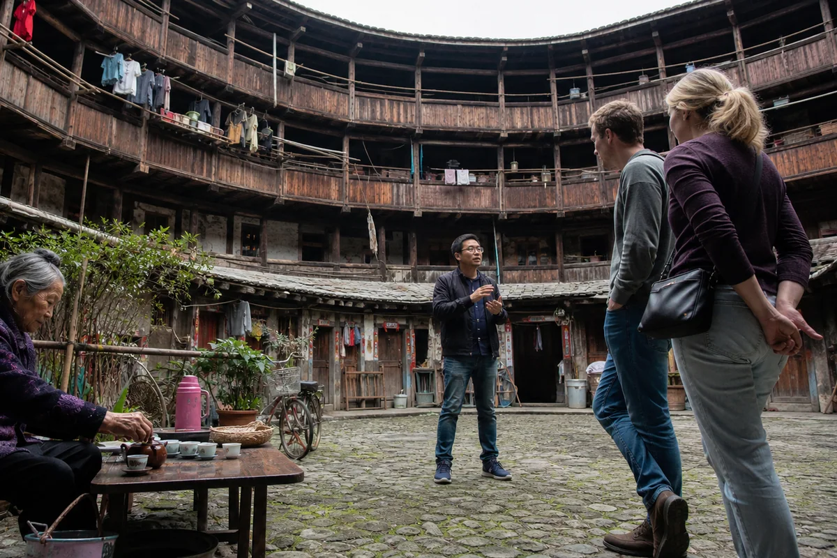 Residents and travelers sharing tea inside a circular Fujian tulou courtyard