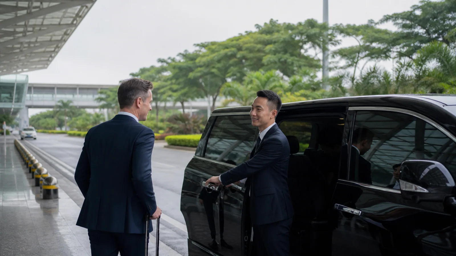 International traveler meeting a private chauffeur at a Pearl River Delta airport terminal